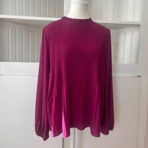 Adrianna Papell Magenta Pleated Blouse Long Sleeve Ruffle Collar Women's M